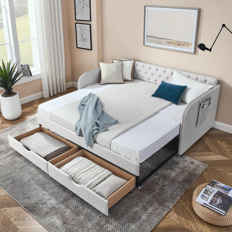 Twin to King Daybed Frame with Two Storage Drawers, Modern Upholstered Button Tufted Day Bed Nailhead Trim and Wood Slat for Bedroom Guest Room, No Box Spring Needed(Twin to King, Beige) SLEERWAY