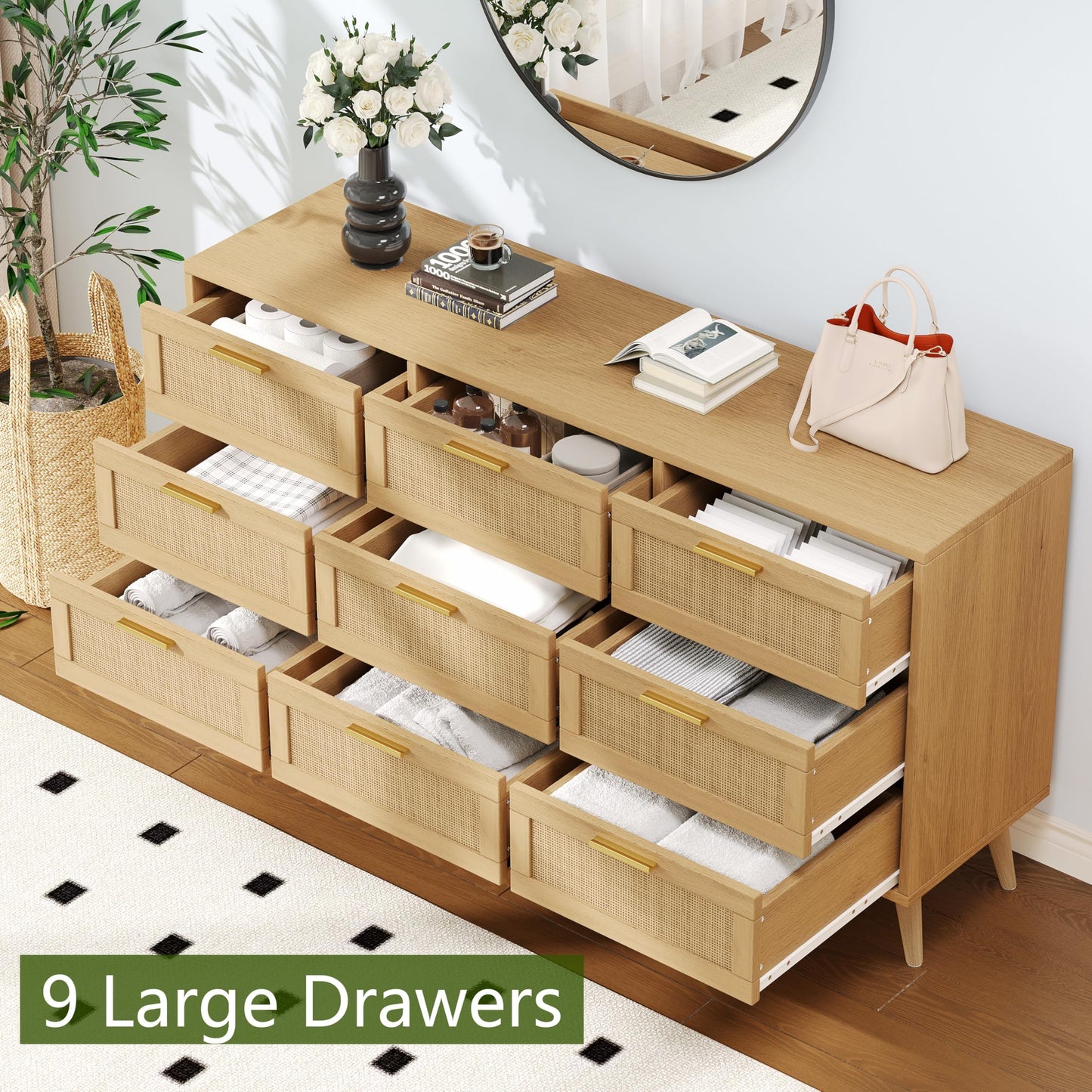 Keehusux Rattan 9 Drawer Dresser for Bedroom, Accent Storage Dresser with Solid Wooden Legs, Long Chest of Drawers with Metal Handles for Closet, Living Room, Entryway, Natural KES003MDG - WoodArtSupply