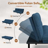 Vipbear Convertible Futon Sofa Bed, Blue Linen Futon Couch with Adjustable Backrest & Armrests, Folding Small Recliner Sleeper Sofa Bed for Living Room, Apartment, Office Vipbear