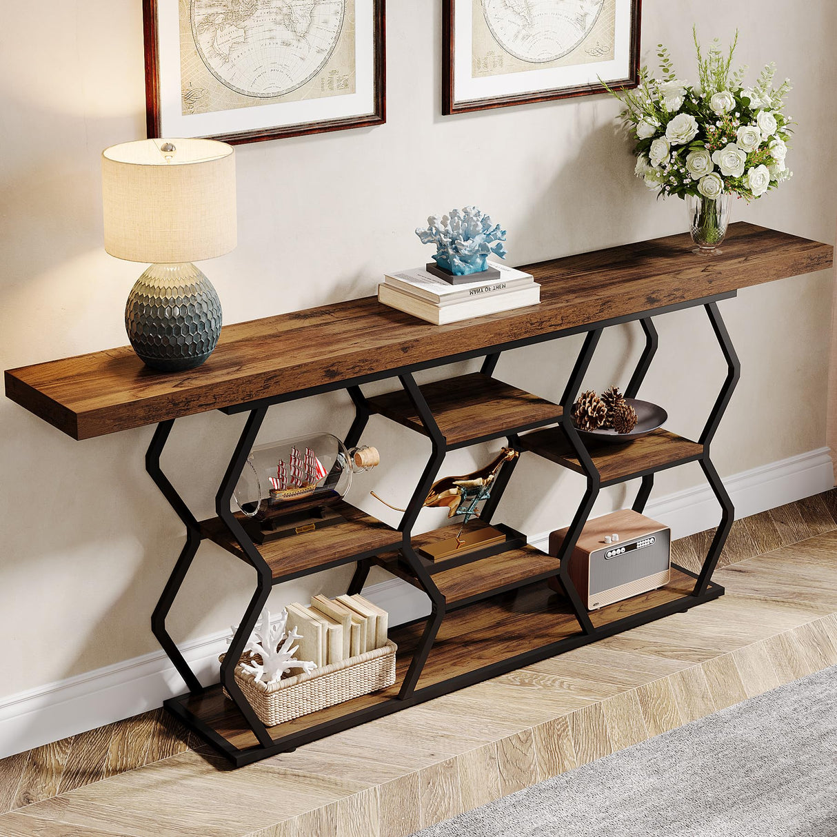 Tribesigns 70.9" Extra Long Console Table with Shelves, Narrow Sofa Table Behind Couch with Storage, Industrial Entryway Table TV Stand Accent Table for Living Room Hallway Foyer, Rustic Brown & Black Tribesigns