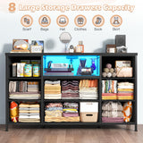 Black Dresser TV Stand for 55'' with LED Lights & Charging Station, Dresser for Bedroom with 8 Drawer, Chest of Drawers with Open Shelves, 6 Adjustable Feet, Hallway, Entryway, Closet EnHomee