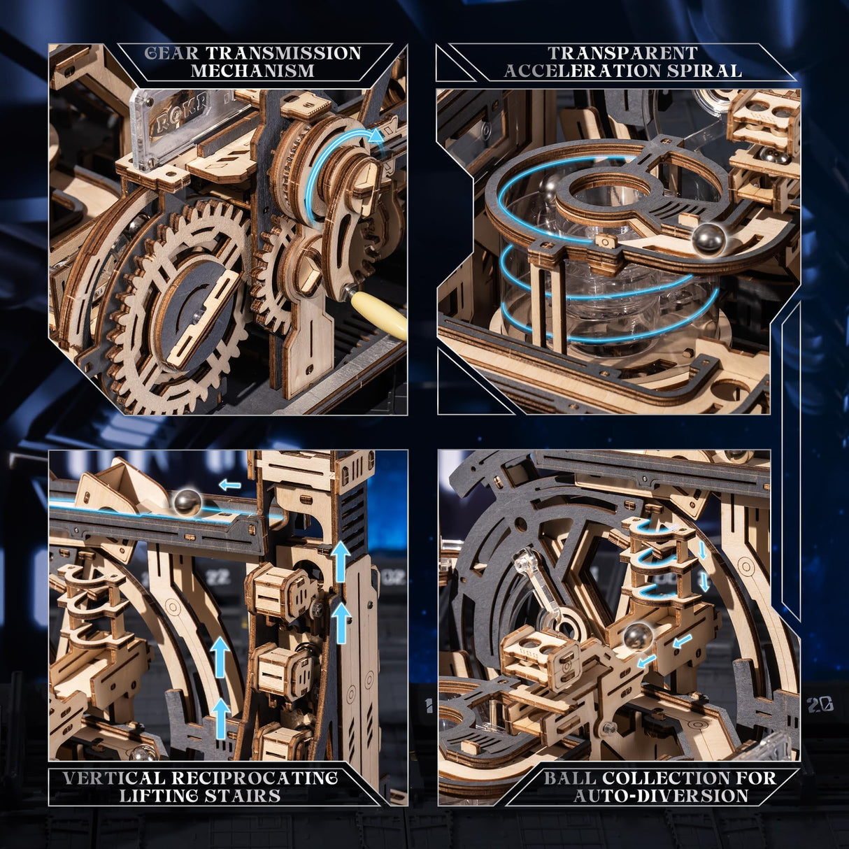 ROKR 3D Puzzles for Adults, Electric Model Kits Marble Spaceport LGC01, 472pcs Marble Run Brain Teaser Wooden Puzzles Building Toy, Desk Decor Creative Birthday Gifts for Men/Women/Teens 14+ ROKR