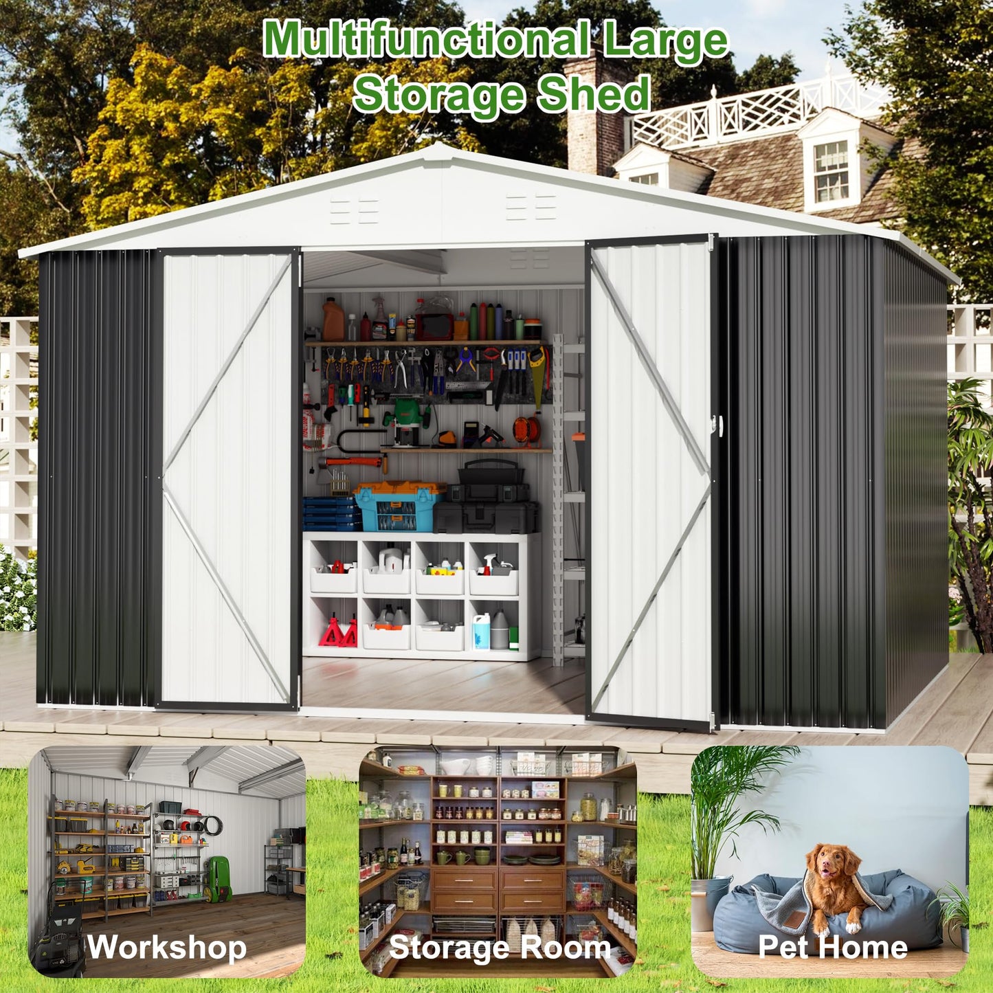 AirWire 12x10 FT Outdoor Storage Shed, Garden Shed with Updated Frame Structure and Lockable Doors, Metal Tool Sheds for Backyard Garden Patio Lawn, White