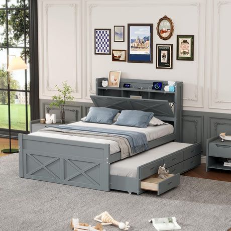 Luckiofvonne Full Bed Frame with Storage Headboard & Charging Station, Wood Captain Bed with Trundle and Drawers, Farmhouse Platform Beds for Kids Boys Girls, Noise Free, No Box Spring Needed, Gray Luckiofvonne
