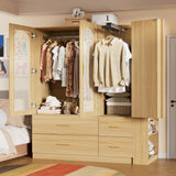 PAKASEPT 3 Doors Farmhouse Armoire Wardrobe Closet with Rattan,71'' Tall Freestanding Wooden Wardrobe Storage Cabinet for Bedroom with Hanging Rod,Vanity Mirror,Drawers,Clothes Hook,Shelves,Natural PAKASEPT