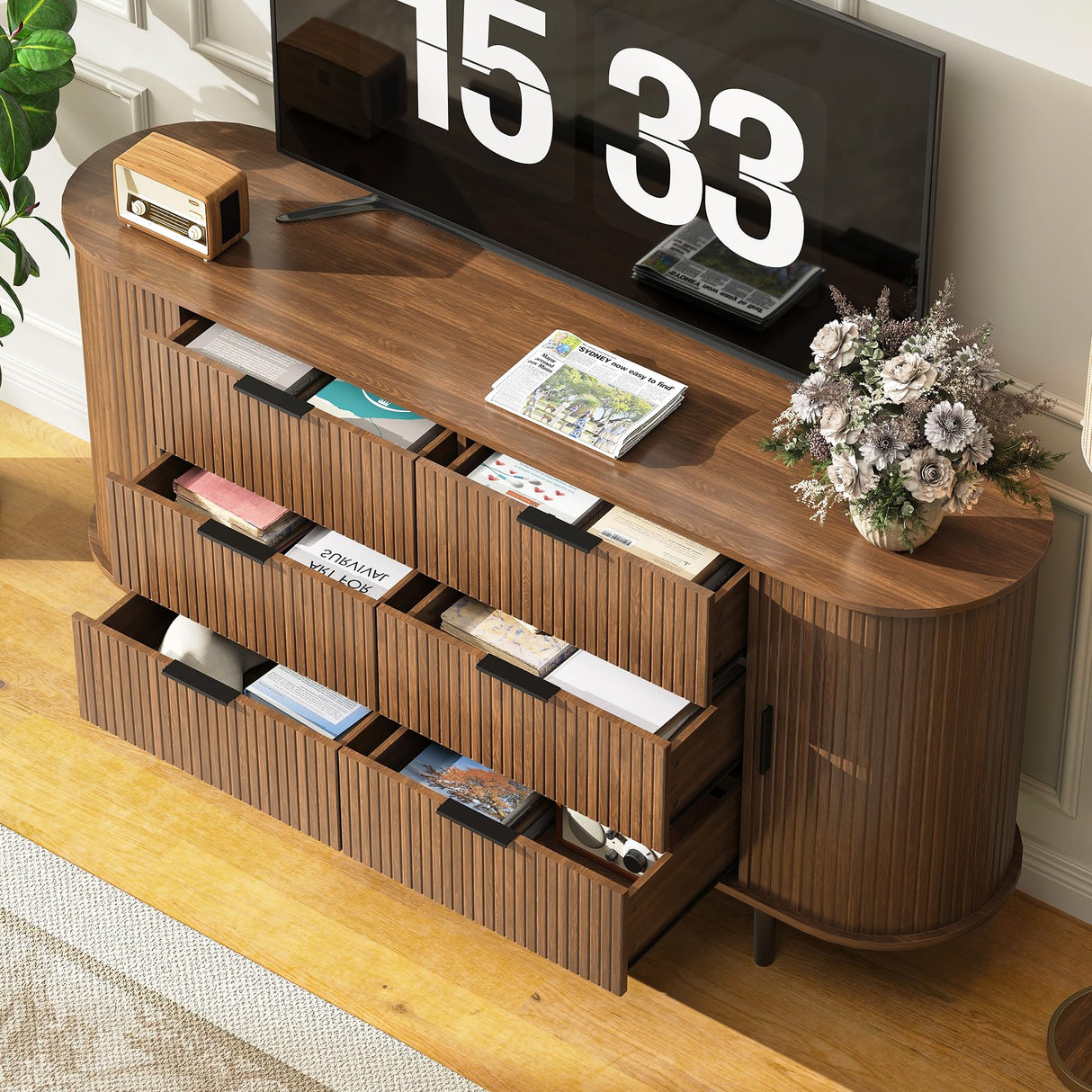 BVIUNTWO Fluted 6 Drawer Dresser, 63" Wide Modern Chest of Drawers with Metal Handle, Curved Edge Design, Wood Storage Credenza Cabinet for Bedroom,Living Room, Brown BVIUNTWO