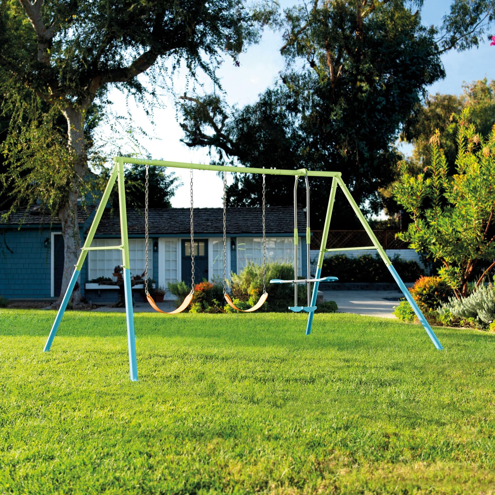 INTEX 44121E Heavy Duty Backyard Three Feature Swing Set: Includes Two Height Adjustable Swings and Glider – Plastisol-Coated Chain – Rust-Resistant Steel Frame – Anchor System – Easy Assembl - WoodArtSupply