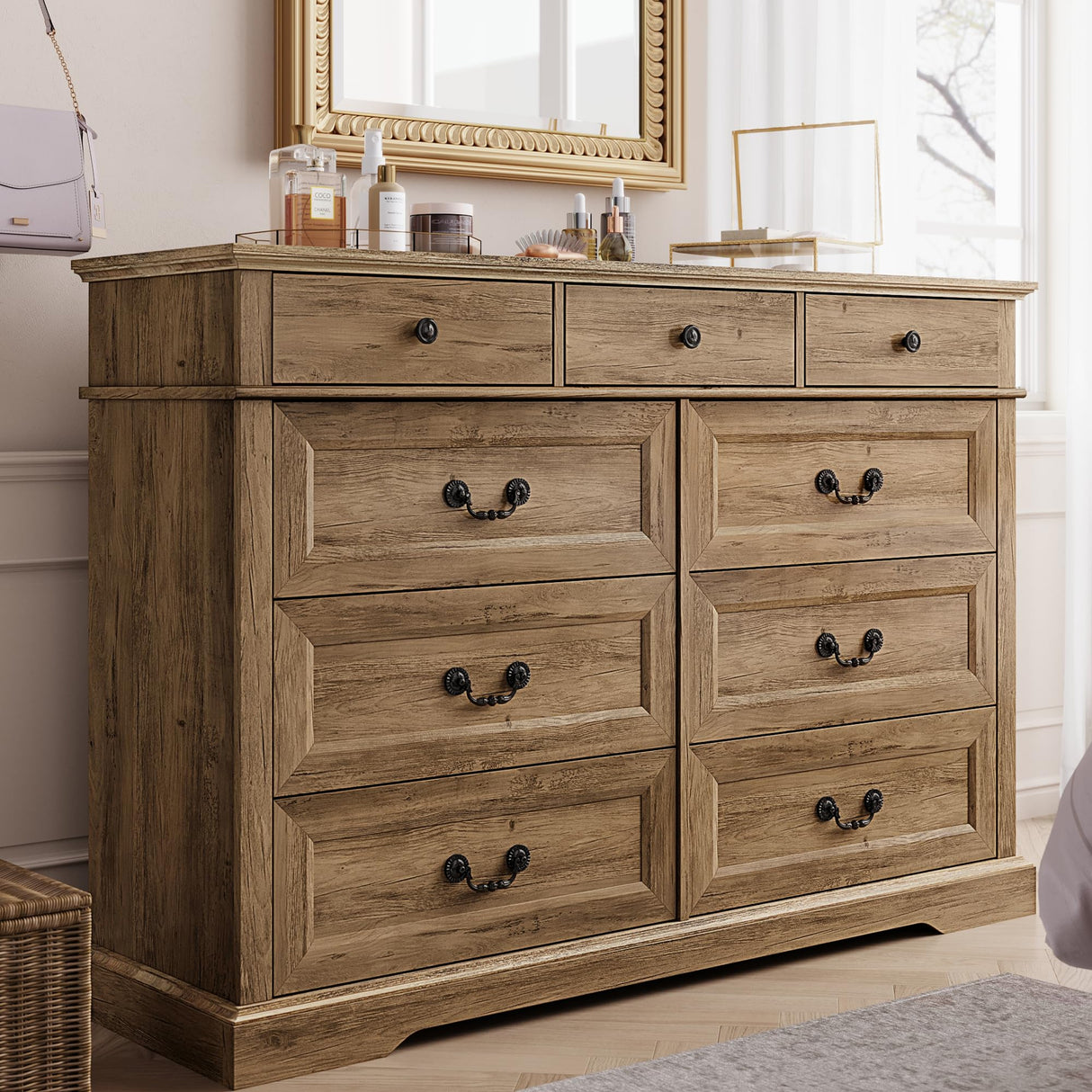 LINSY HOME 9 Drawers Dresser for Bedroom, Wood Bedroom Dresser Farmhouse Drawer Chest, 9 Chest of Drawer, Tall Dresser for Closet, Dressers Organizer for Living Room, Closet, Hallway, Rustic Oak LINSY HOME