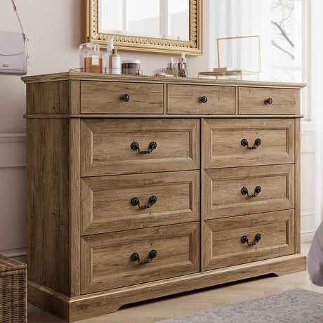 LINSY HOME 9 Drawers Dresser for Bedroom, Wood Bedroom Dresser Farmhouse Drawer Chest, 9 Chest of Drawer, Tall Dresser for Closet, Dressers Organizer for Living Room, Closet, Hallway LINSY HOME