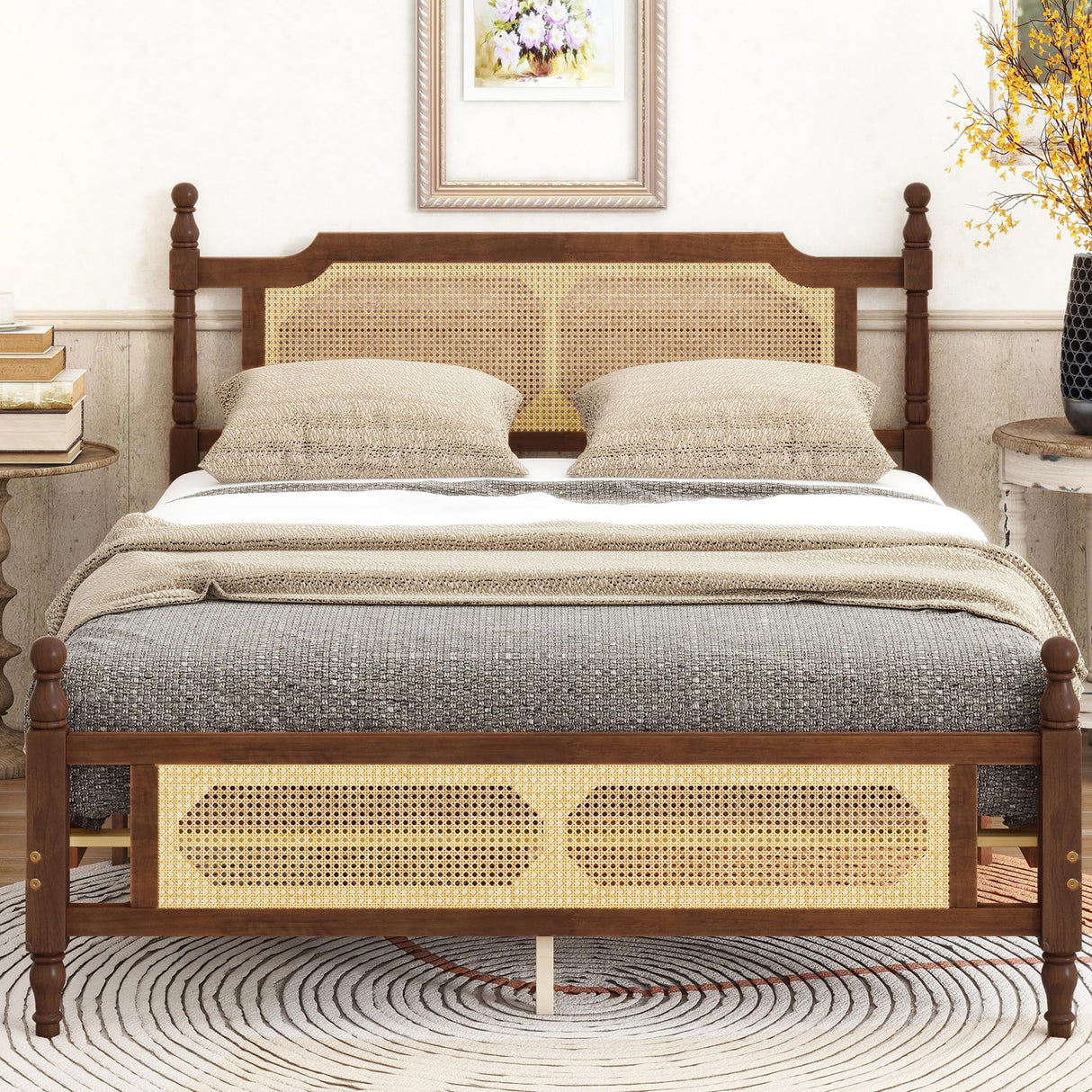 MoproBeti Queen Bed Frame with Rattan Headboard and Footboard, Rubber Wood Platform Bed Frame with Large Under Bed Storage,Boho and Mid Century Style, No Box Spring Needed, Easy Assembly,Walnut MoproBeti