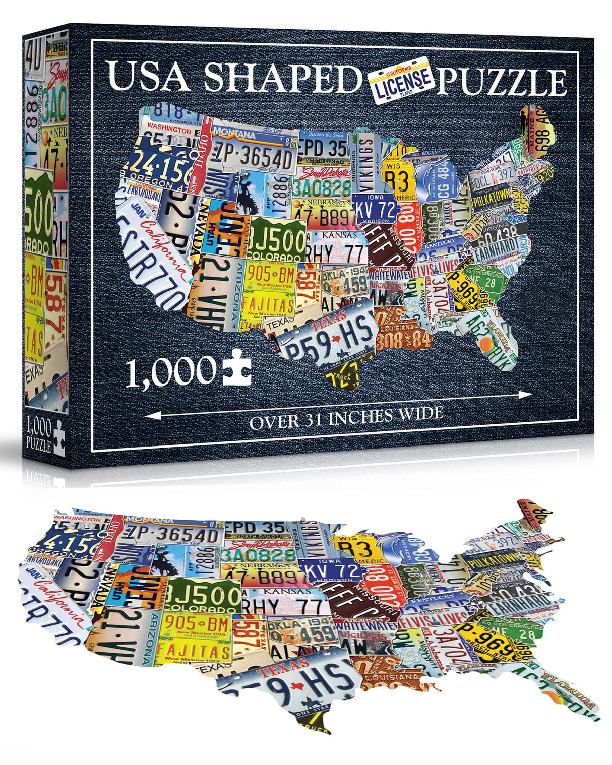 USA License Plate Map 1000 Piece Jigsaw Puzzle in the Shape of the US - 31 inches long - Cool Wall Art TDC Games