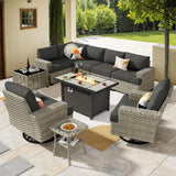 HOOOWOOO Outdoor Sectional Patio Furniture Set with Fire Pit Table,10 Pieces Wicker Conversation Sets L Shaped Couch,Extra Deep Out Door Sofa Outside Furniture with Swivel Chairs,Black HOOOWOOO