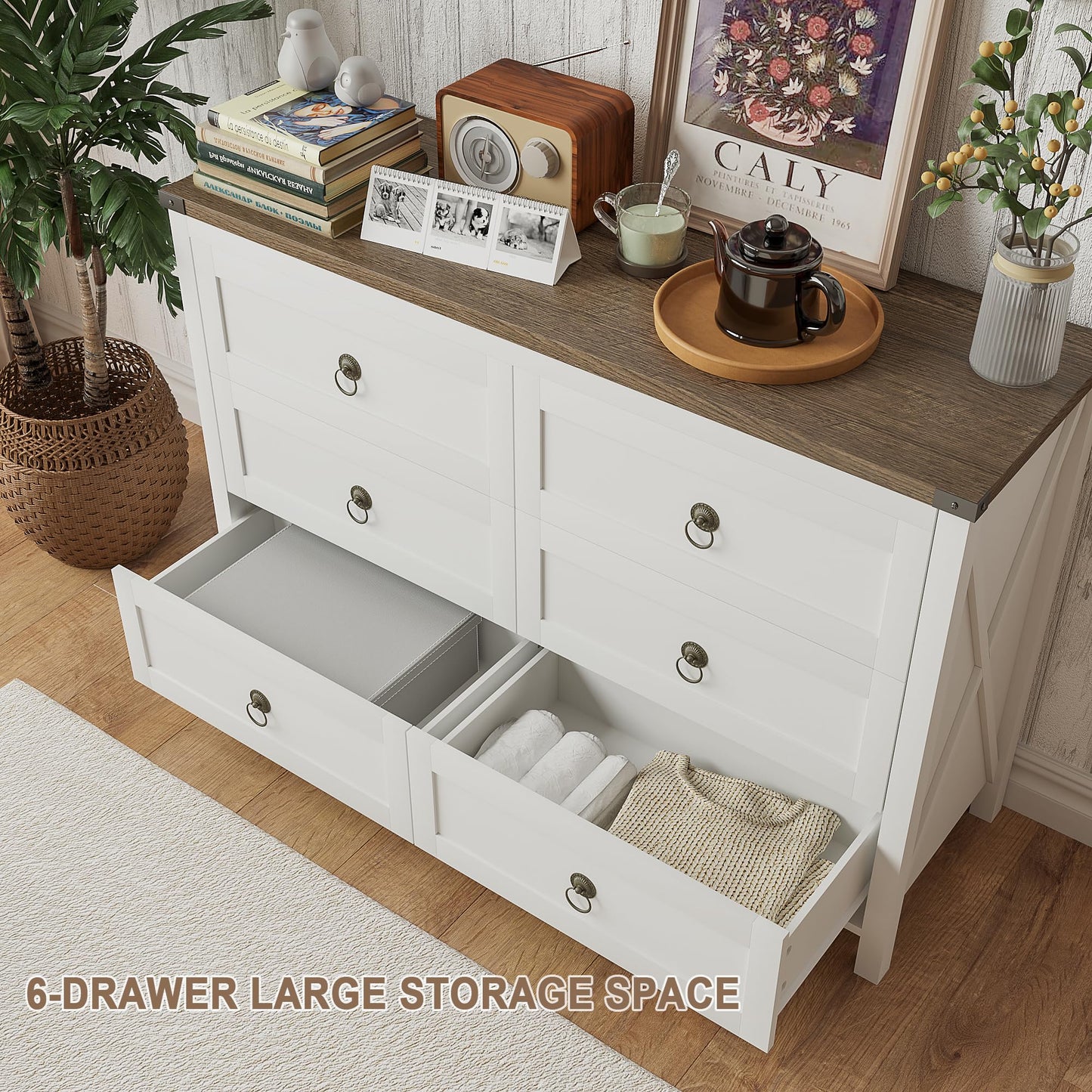 ChooChoo Farmhouse 6 Drawer Dresser, White Dresser for Bedroom, Wide Dressers & Chests of Drawers for Entryway, Hallway - WoodArtSupply