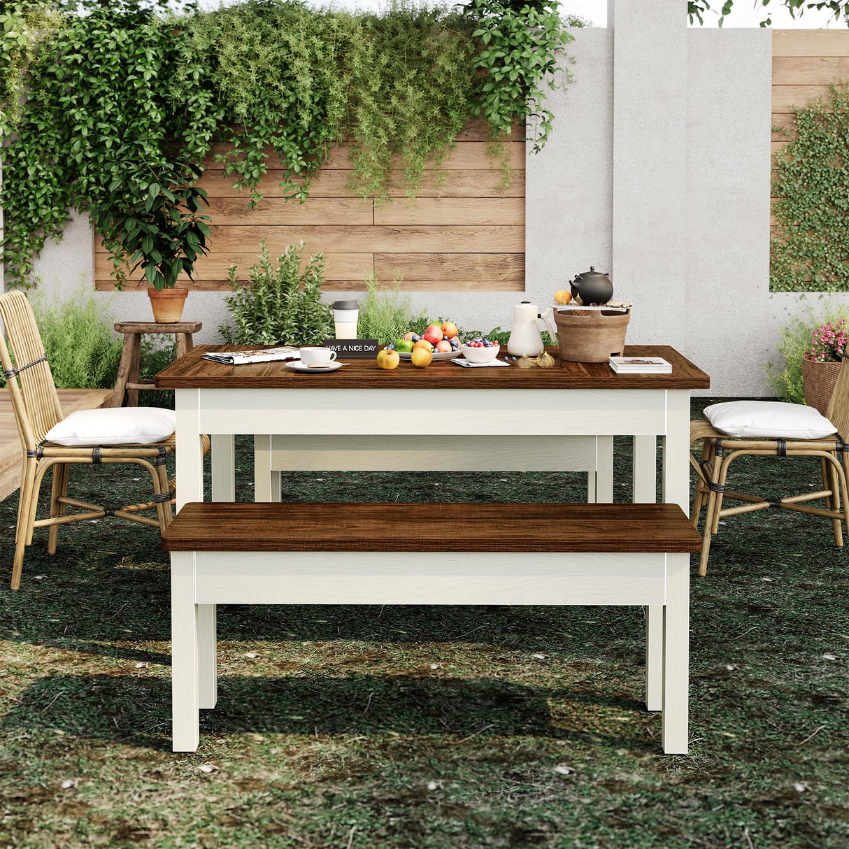 LITTLE TREE Dining Table Set for 4, Small Space Saving Farmhouse Kitchen Chairs, Compact 3-Piece Kitchen and Dining Room Furniture with 2 Wood Benches LITTLE TREE