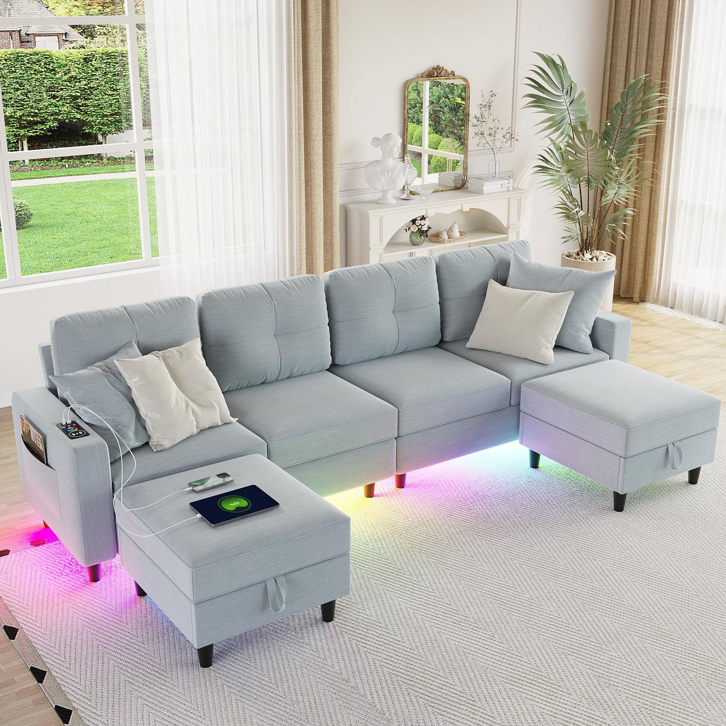 Lvifur LED Sectional Couches for Living Room, Modern Modular Sectional Sofa with Charging Station, U-Shaped 4 Seat Sofa Set with Chaise and Storage Ottomans (Light Grey)