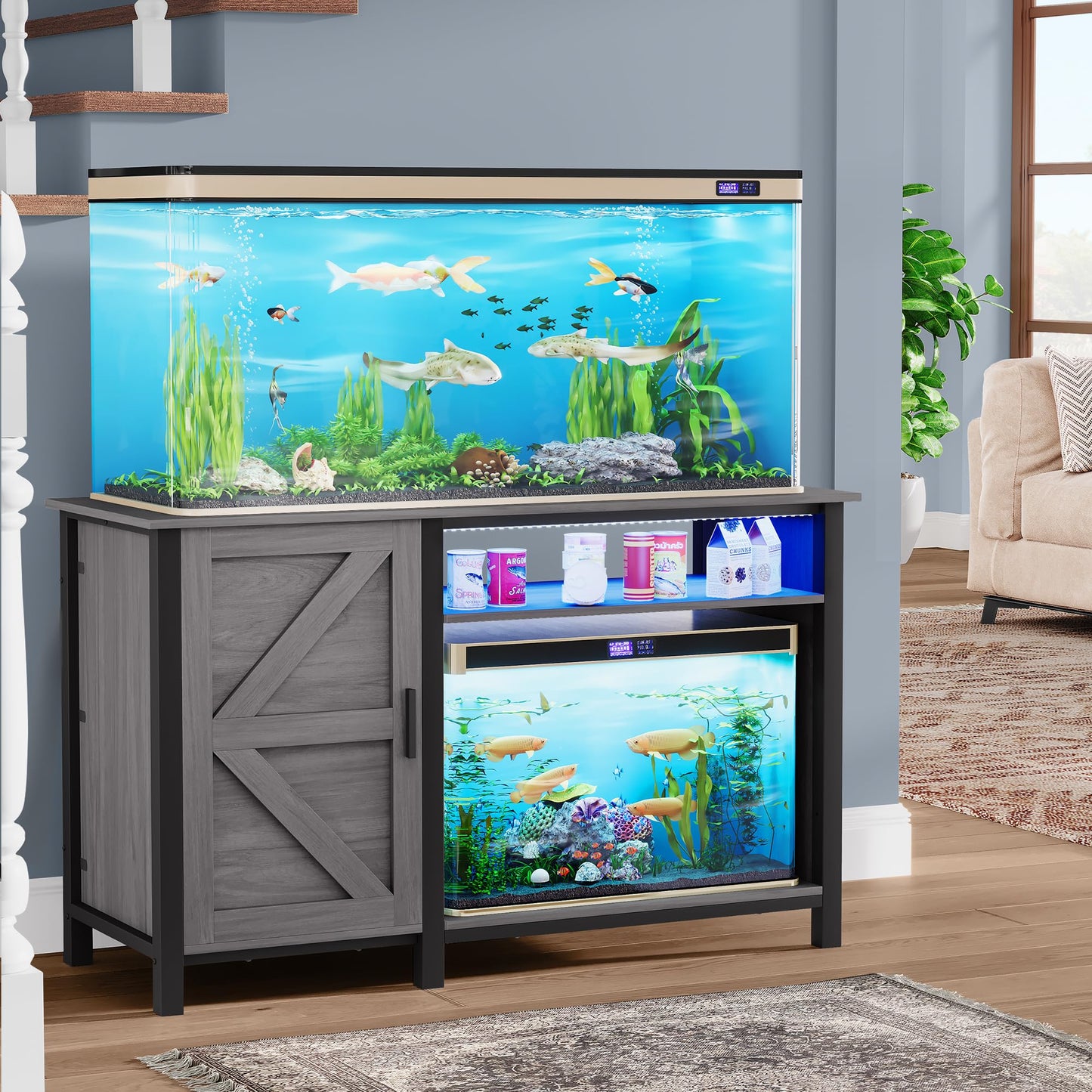 YITAHOME Aquarium Stand with Power Outlets, 55-75 Gallon Fish Tank Stand, Cabinet with RGB Light Strip Suitable for Turtle Tank, Reptile Terrarium, 900LBS Capacity, Grey - WoodArtSupply