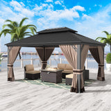 Gotland 2024 New 12' x 16' Hardtop Gazebo, Outdoor Iron Metal Double Roof Pergola with Curtains and Netting for Patio, Garden, Lawn, Khaki Gotland