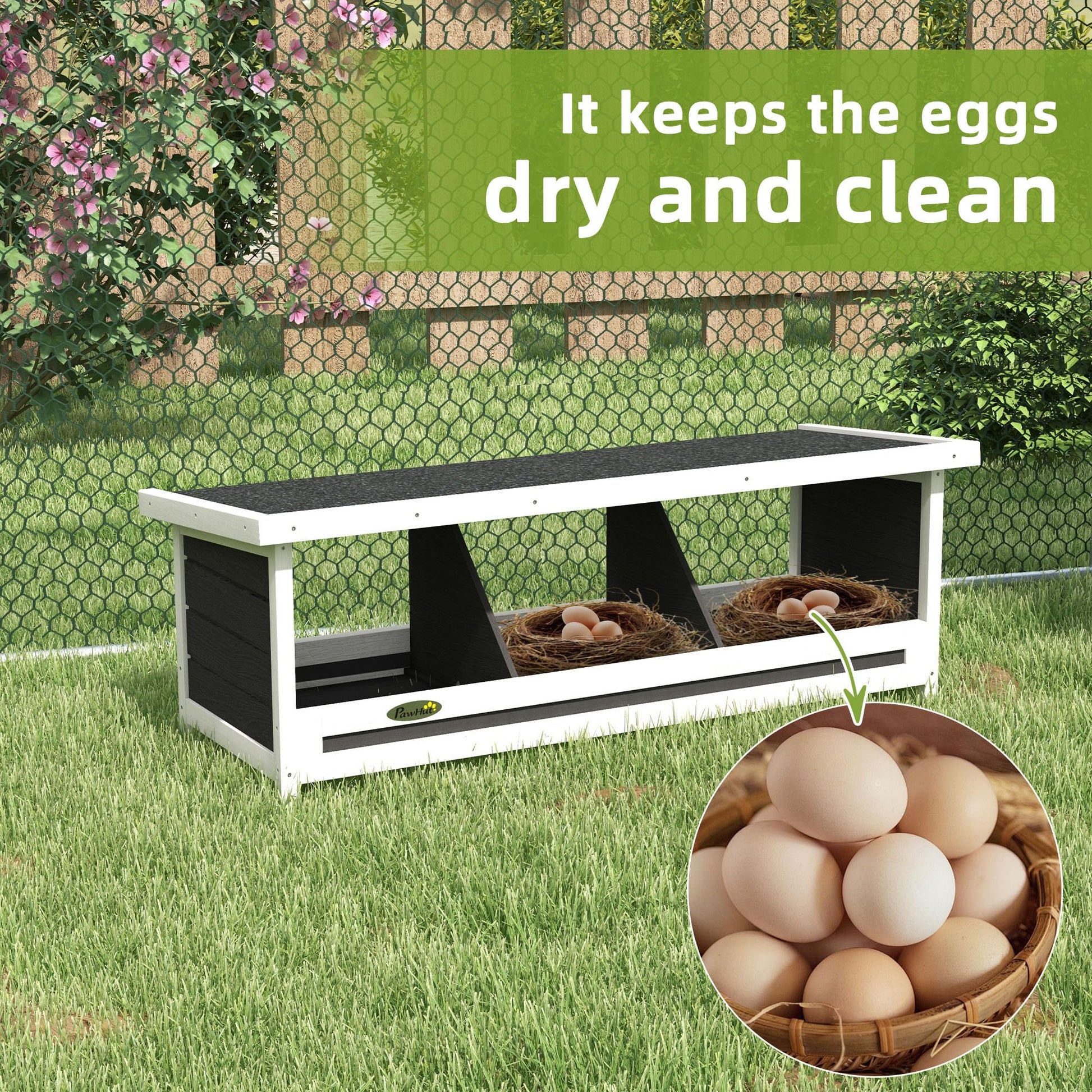 PawHut Wood Chicken Nesting Box, 3 Hole Chicken Boxes for Laying Eggs, Chicken Coop Nesting Box with Asphalt Roof for Indoor or Outdoor, Fits Up to 3 Hens, Gray - WoodArtSupply