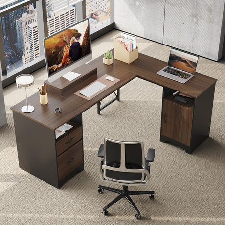Bestier L Shaped Desk with File Drawers, 63" x 47" Office Computer Desk with Storage Cabinet, Corner Desk with Monitor Stand & Modesty Panel for Home Office, Gray Bestier