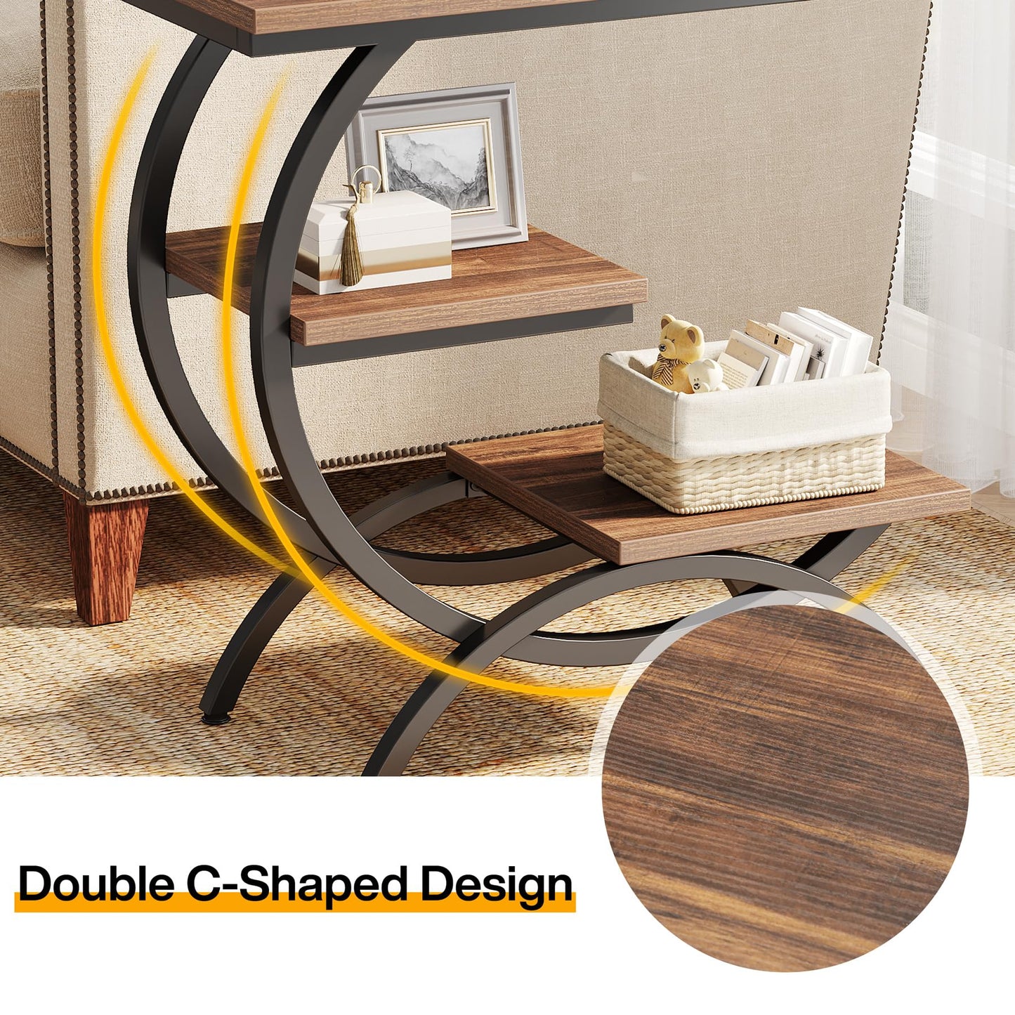 Tribesigns C-Shaped End Table, Industrial 3-Tier Small Side Table for Couch, Wood Bedside Table Snack Side Table with Storage Shelves for Living Room Small Space, Dark Brown - WoodArtSupply