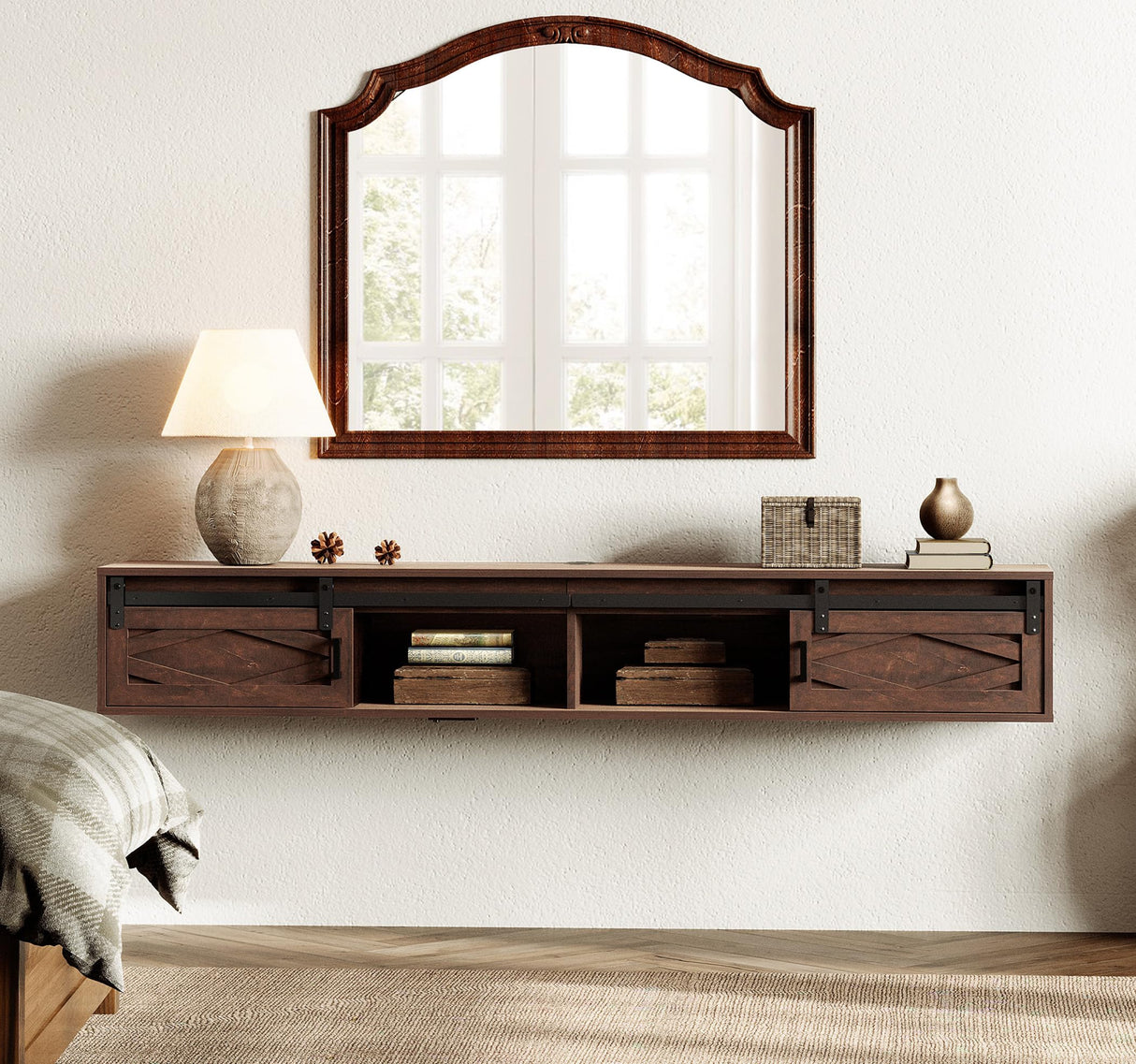 FITUEYES Floating TV Stand Shelf for TVs up to 85 Inch, Wood Floating Entertainment Center with Sliding Barn Door, Floating TV Shelf Media Console Table for Living Room, Bedroom, Rustic Brown FITUEYES