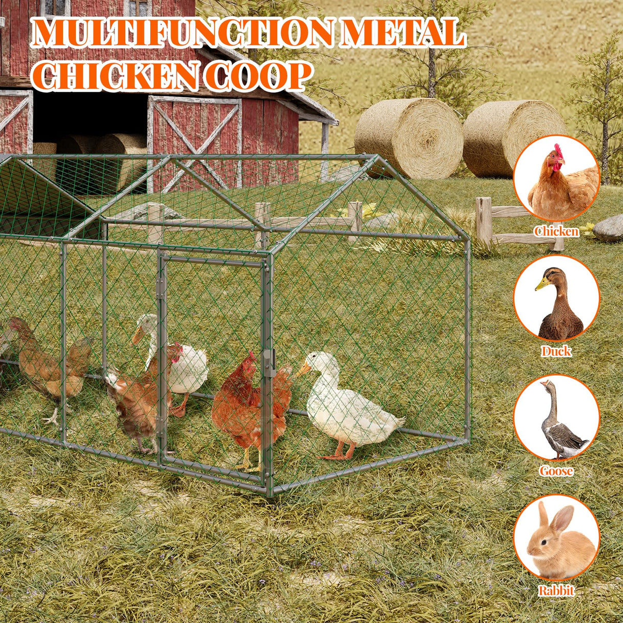 Large Metal Chicken Coop, 120" x 40" x 40" Chicken Run with Cover, Outdoor Walk in Poultry Cage, Metal Chicken Coop for Yard Farm Duck Rabbit Hen, Silver Hipicute