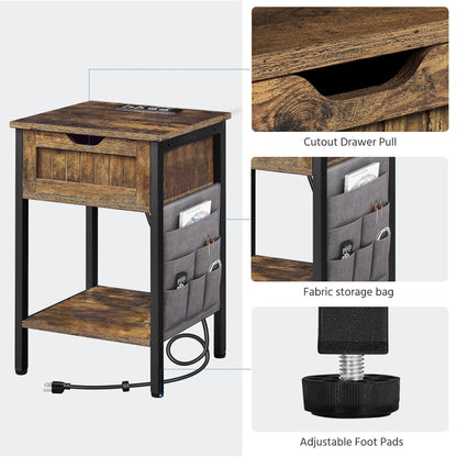 Yaheetech Rustic Brown End Table with Charging Station, Drawer, Shelf & Removable Fabric Bag