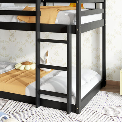 Twin Over Twin House Bunk Bed for Kids,Twin Size Low Bunk Beds with Ladder,Floor Bunk Bed Twin Over Twin,Solid Bunk Bed for Girls Boys,Black