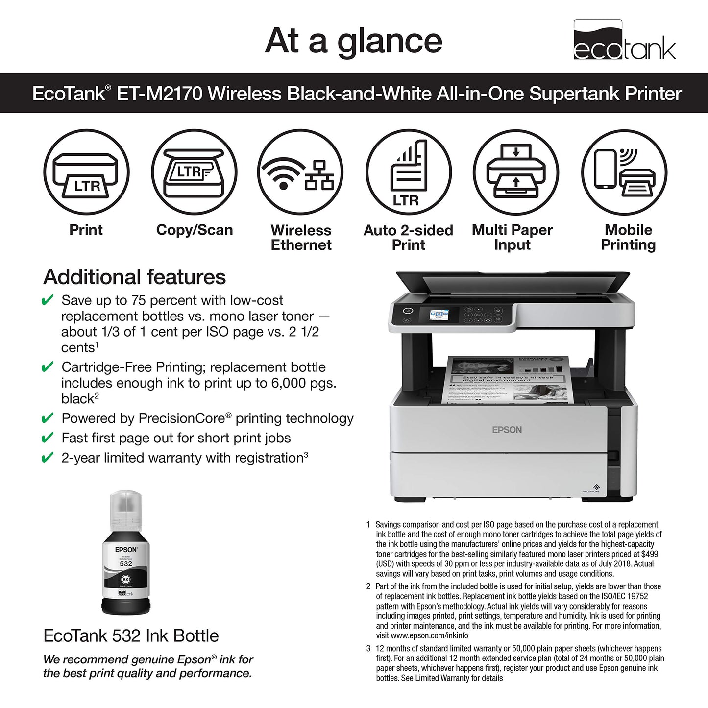 Epson EcoTank ET-M2170 Wireless Monochrome All-in-One Supertank Printer with Ethernet PLUS 2 Years of Unlimited Ink*,White