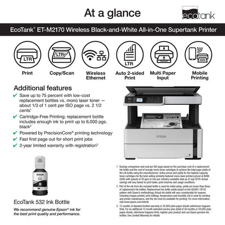 Epson EcoTank ET-M2170 Wireless Monochrome All-in-One Supertank Printer with Ethernet PLUS 2 Years of Unlimited Ink*,White Epson