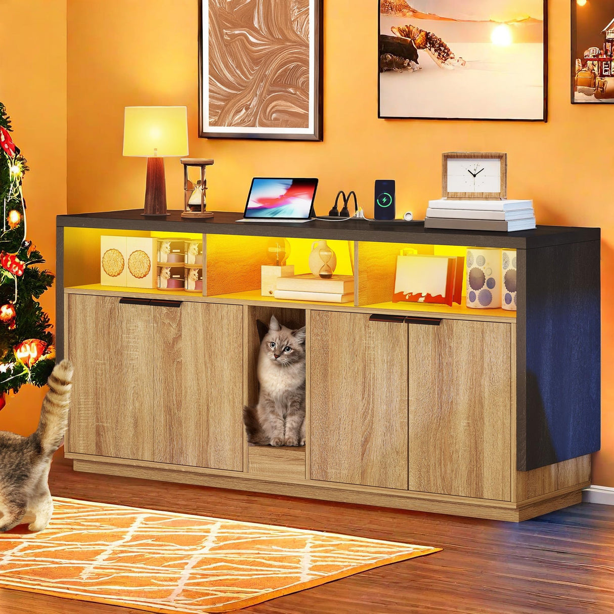 YITAHOME Double Hidden Cat Litter Box Enclosure with Power Outlet & LED Light, 60 Inch Dual Kitty Litter Box TV Stand Furniture for 2 Cats, Wooden Cat Cabinet for Indoor Cats, Grey Oak YITAHOME