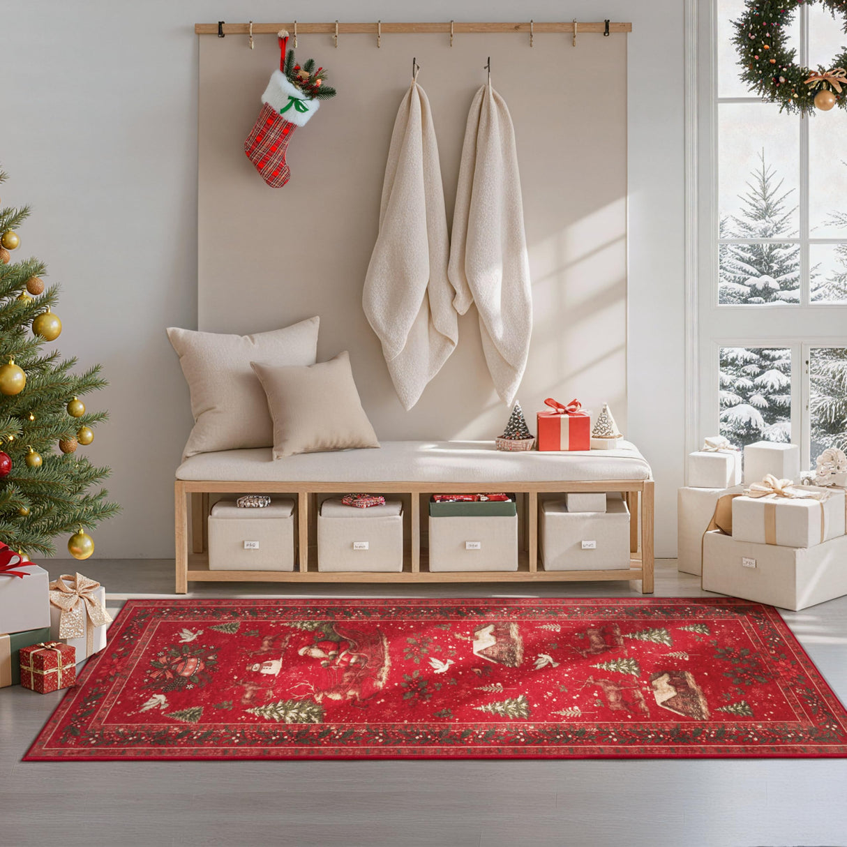 Joiedomi Christmas Hallway Runner Rug Washable 2'x8' Non Slip Kitchen Rug with Rubber Backing Soft Christmas Tree Santa Claus Floor Carpet Runners for Entryway Laundry Bedroom Bathroom Indoor (Red) Joiedomi