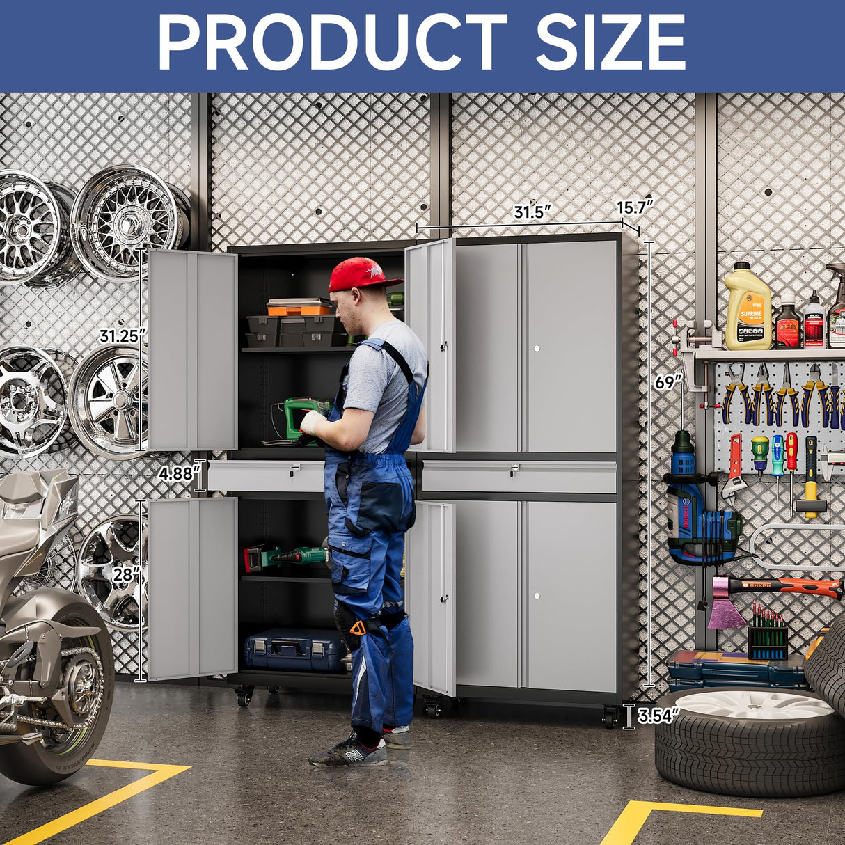 Anxxsu Metal Garage Storage Cabinet with Wheels, 73" Lockable Storage Cabinet with 2 Adjustable Shelves and 1 Drawer for Garage, Utility Room, Warehouse (Black Grey) Anxxsu