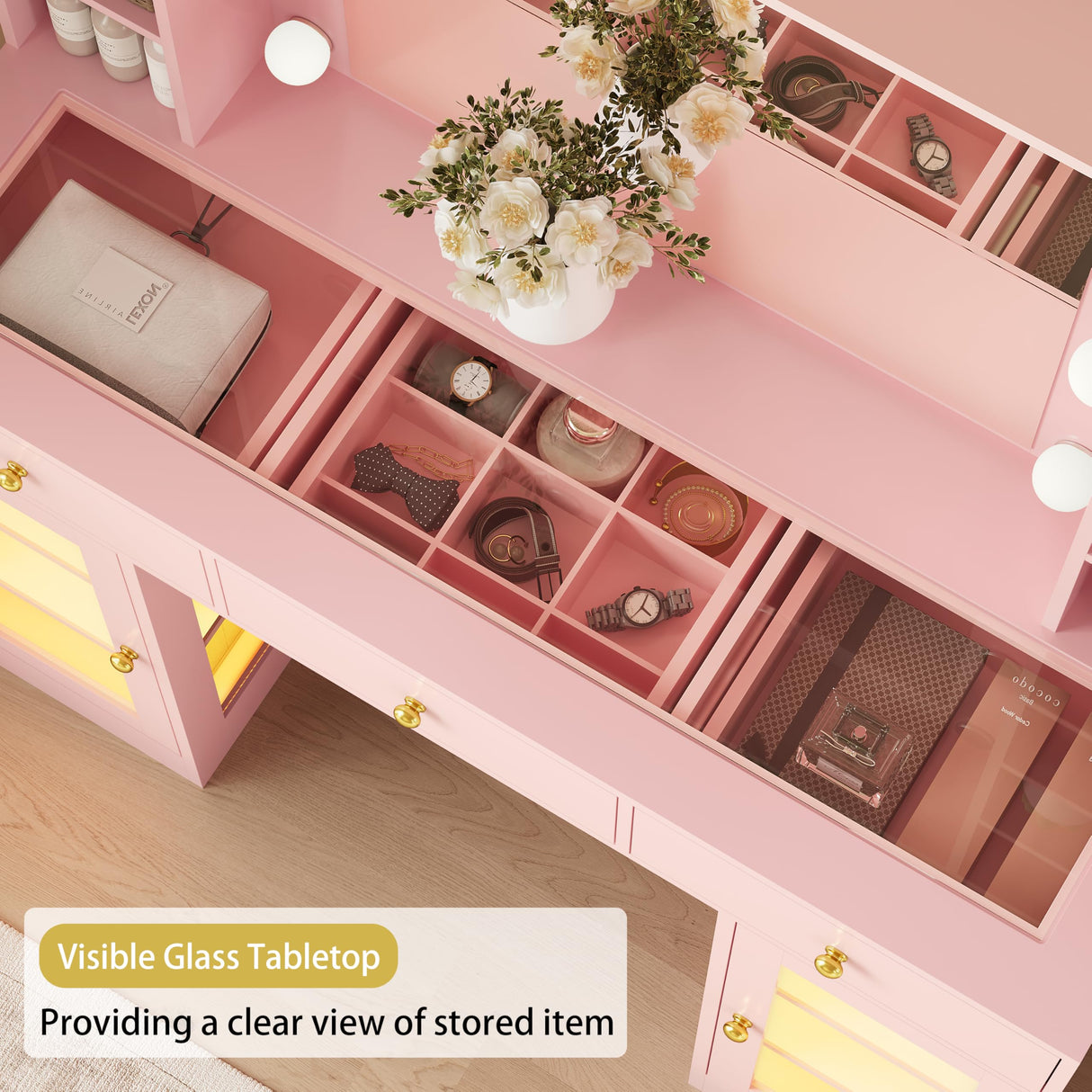 Makeup Vanity Desk with Mirror and Lights, Glass Top Vanity Table Set with Drawers & Power Outlet, Large Dressing Table with 3 Color Lighting Modes & RGB Cabinets for Women Girls Kids Bedroom, Pink Xixini