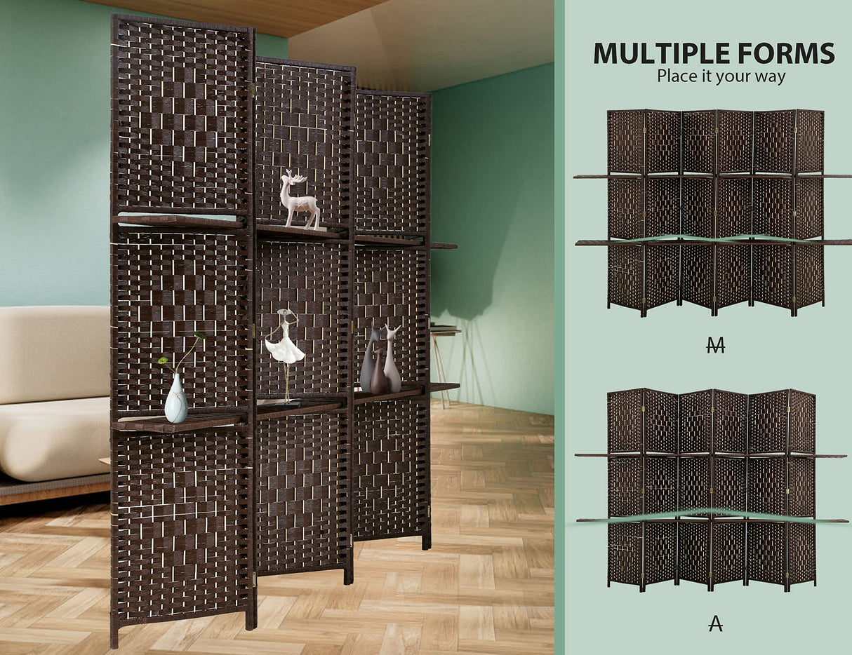 6 Panel Wood Room Dividers with Shelves Folding Privacy Screens Portable Partition Screen, 6 Ft Tall 5.7 Ft Wide Room Partitions and Dividers, Folding Privacy Wooden Screen with 2 Shelf Capacmkseh