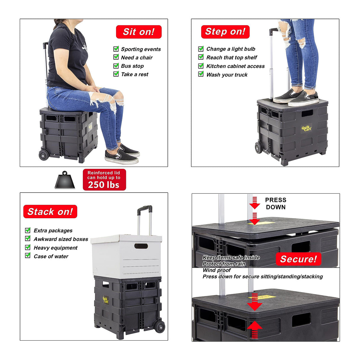 dbest products Quik Cart Sport Collapsible Rolling Crate on Wheels for Teachers Tote Basket 80 lbs Capacity, Made from Heavy Duty Plastic Used as a Seat, Black dbest products