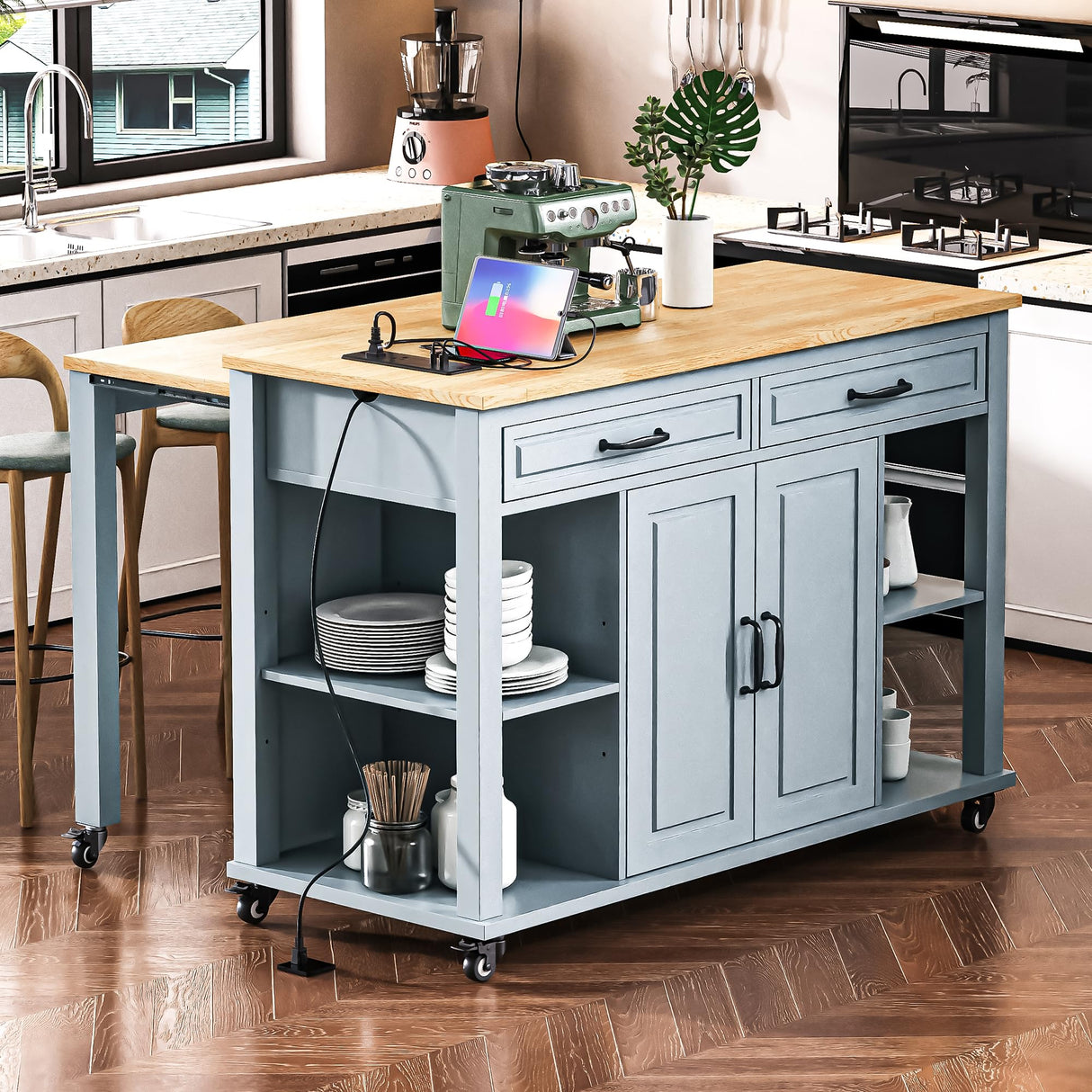 Merax Rolling Kitchen Island on Wheels with Extendable Dining Table & Power Outlet, Wood Kitchen Cart on Wheels with Internal Storage Rack,2 Drawers & 2 Cabinets, 47" Wide Grey Blue Merax