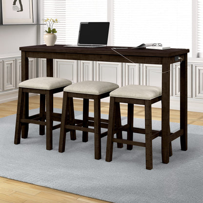 Merax Rustic 4-Piece Counter Height Bar Table Set with Charging Socket and Fabric Padded Stools in Brown