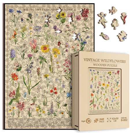 Vintage Wooden Wildflowers Puzzle 340 Pieces for Adult, Botany Plant Flower Puzzle of Wildflowers of North America, Floral Wooden Jigsaw Puzzles Nature, 15.7 * 11.2 in BBOLDIN