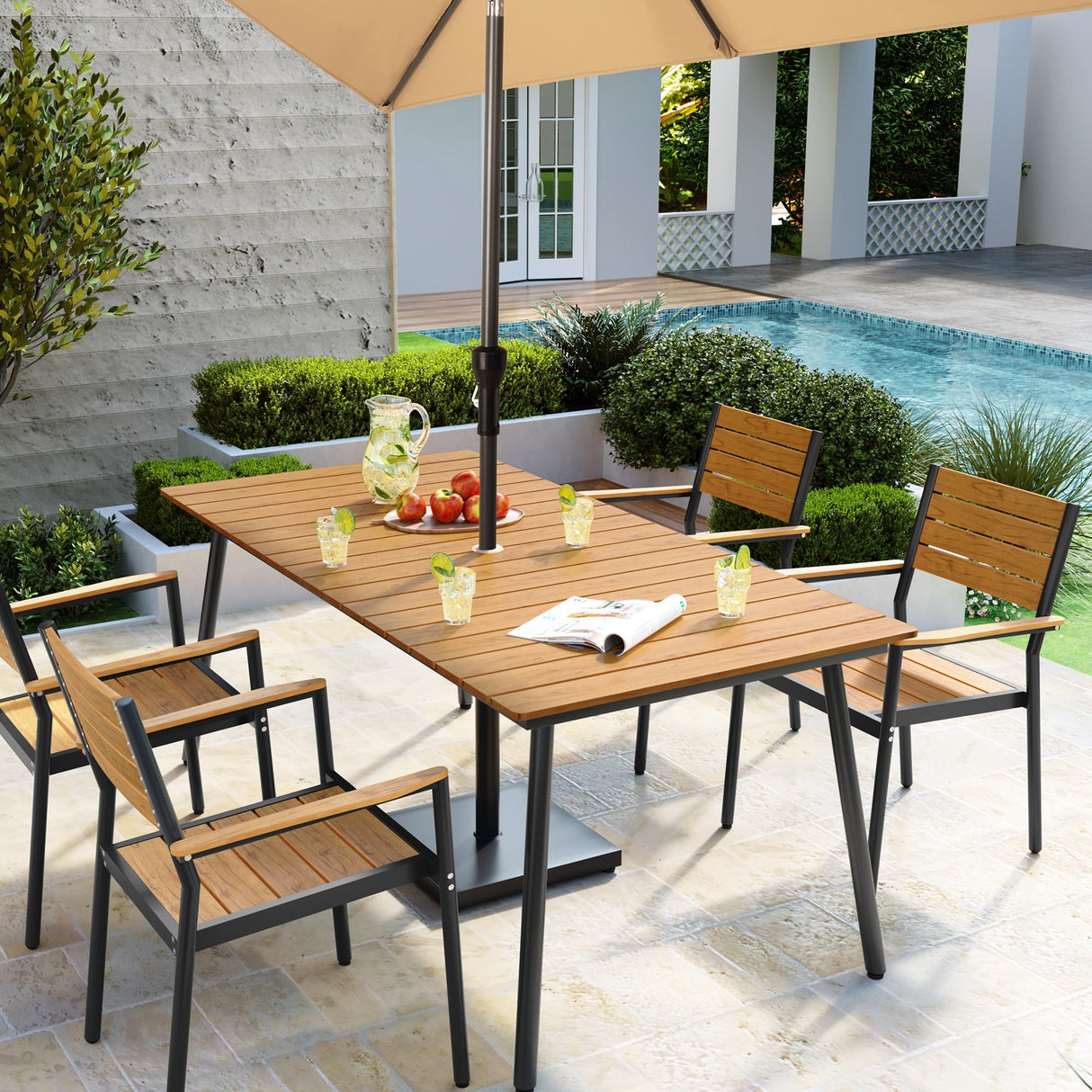 VredHom Outdoor Dining Table, 70inch Patio Dining Table with Wooden-Like Top and Aluminum Frame, Rectangular Table with Umbrella Hole Outdoor Furniture, Only Table, Brown VredHom