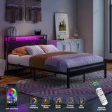 BOFENG Full Size Metal Bed Frame with Storage Headboard, LED Lights, and Charging Station BOFENG