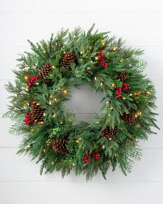 Balsam Hill 30 Inch Premium Prelit Winter Evergreen Holiday Artificial Christmas Wreath with Battery Powered Clear LED Lights