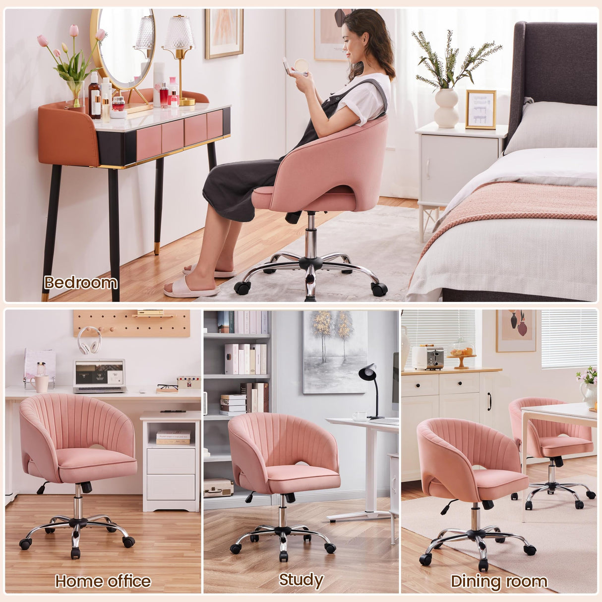 Yaheetech Pink Desk Chair Vanity Chair with Back Home Office Chair Cute Desk Chair Modern Swivel Rolling Chair Computer Chair for Study, Vanity, Bedroom Yaheetech