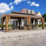 GAZEBEST 12' X 24' Permanent Hardtop Gazebo, Outdoor Galvanized Steel Double Roof Pavilion Pergola Canopy Wood-Looking with Aluminum Frame and Privacy Curtains for Garden,Patio Backyard,Deck and Lawns GAZEBEST