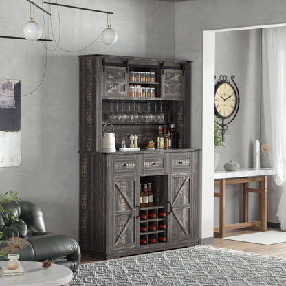 Farmhouse Coffee Bar Cabinet,72" Kitchen Hutch with Storage, Buffet Sideboard Cupboard with Adjustable Shelves, Sliding Barn Door, Wine & Glasses Rack for Kitchen, Dining Room, Dark Rustic Oa - WoodArtSupply