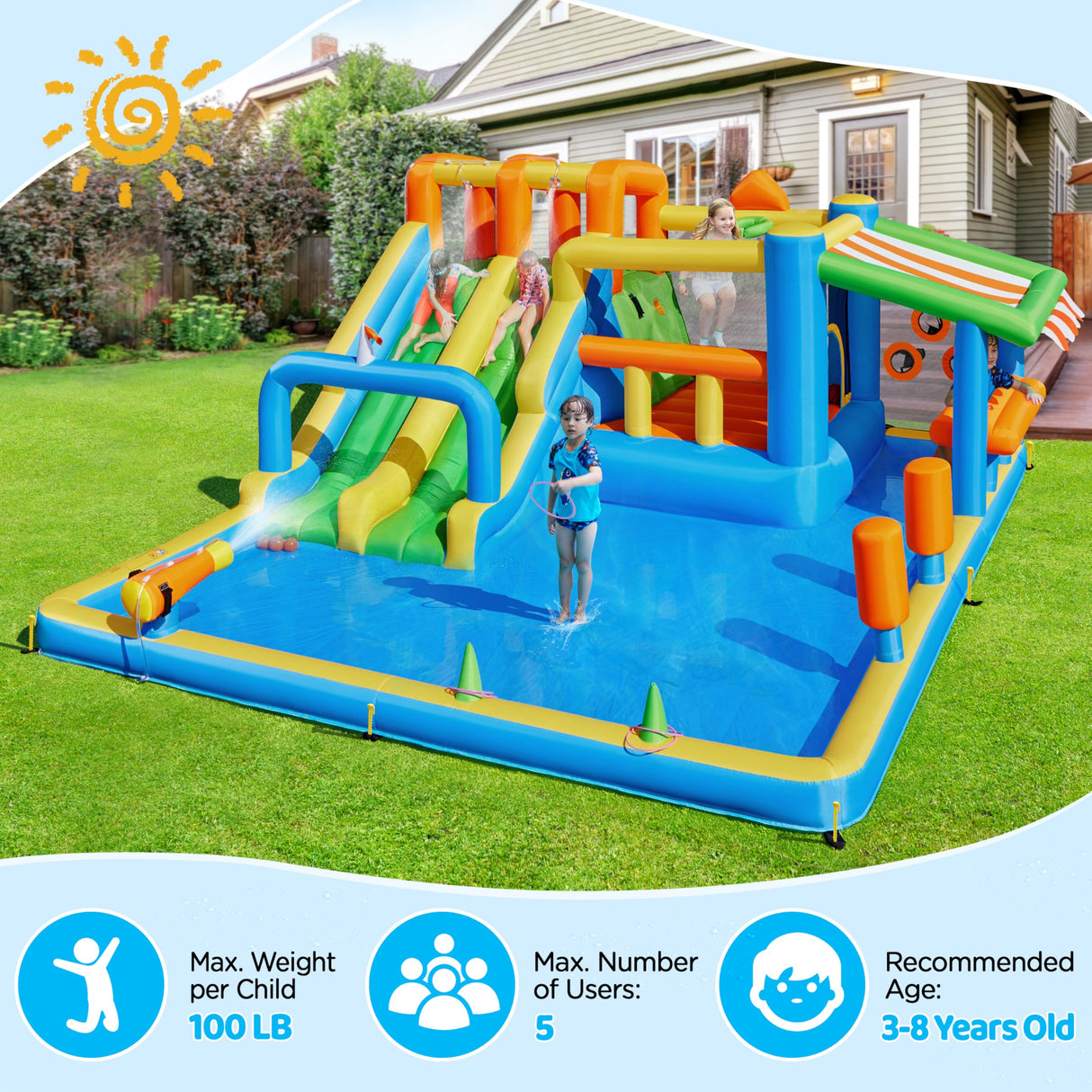 Yaheetech Inflatable Water Slide with Market Stand, Bounce House for Kids Aged 3-8 with 2 Slides for Outdoor Backyard, Splash Pool, Climbing Wall, 750W Air Blower, Ring and Ball Toss Games Yaheetech