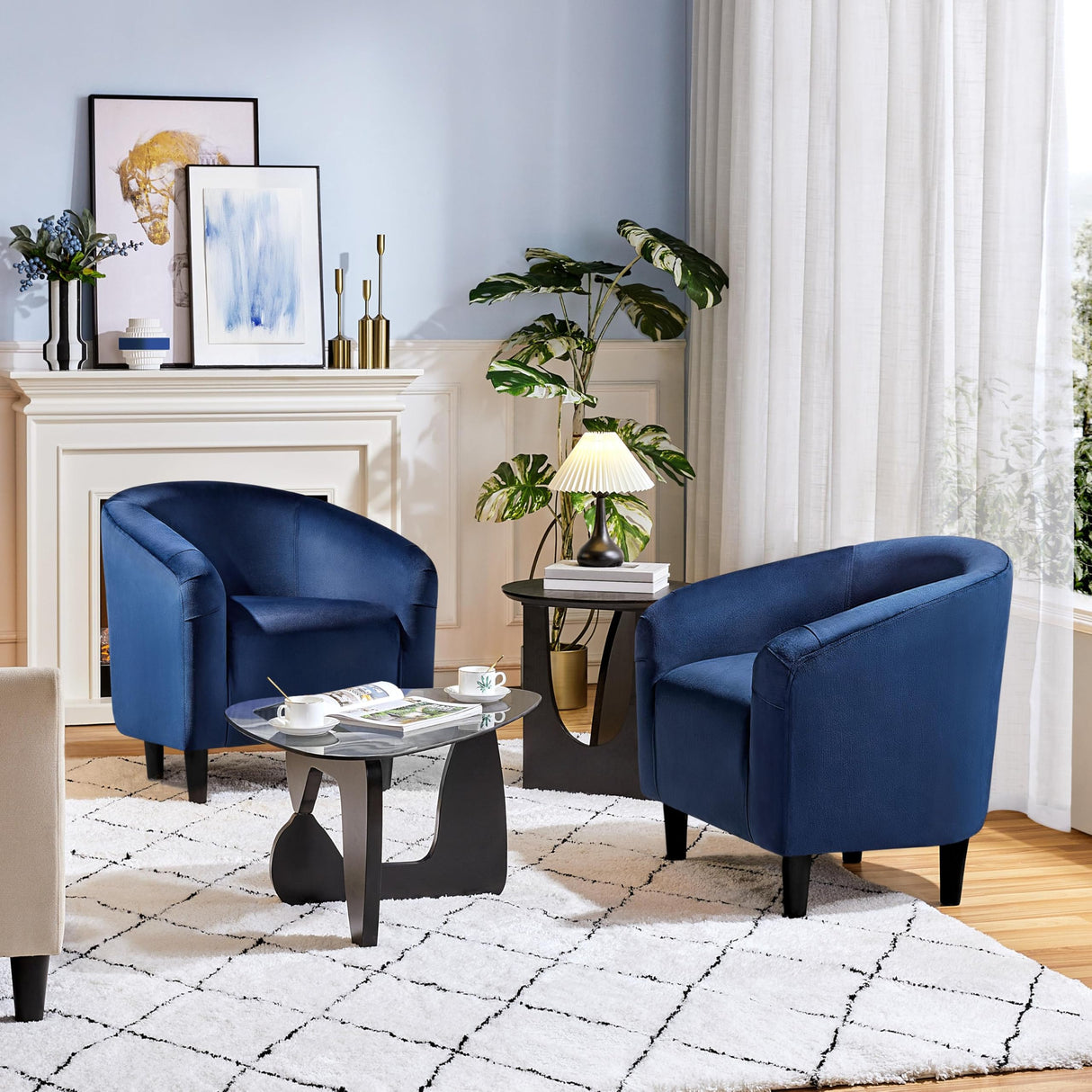 Yaheetech Velvet Club Chair, Modern Tufted Accent Chair with Armrest, Upholstered Barrel Chair with Solid Legs for Living Room/Bedroom/Study/Waiting Room, Navy Blue Yaheetech