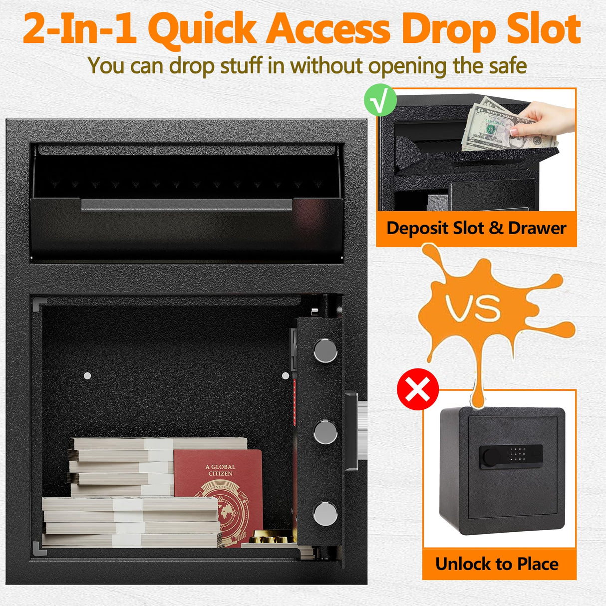1.8 CUB Depository Drop Safe Fireproof, Front Drop Slot Lock Box with Digital Combination and Anti-Fishing, Silent Deposit Safe Box, Security Money Safe for Cash Slips Expense Business Office Home KAER
