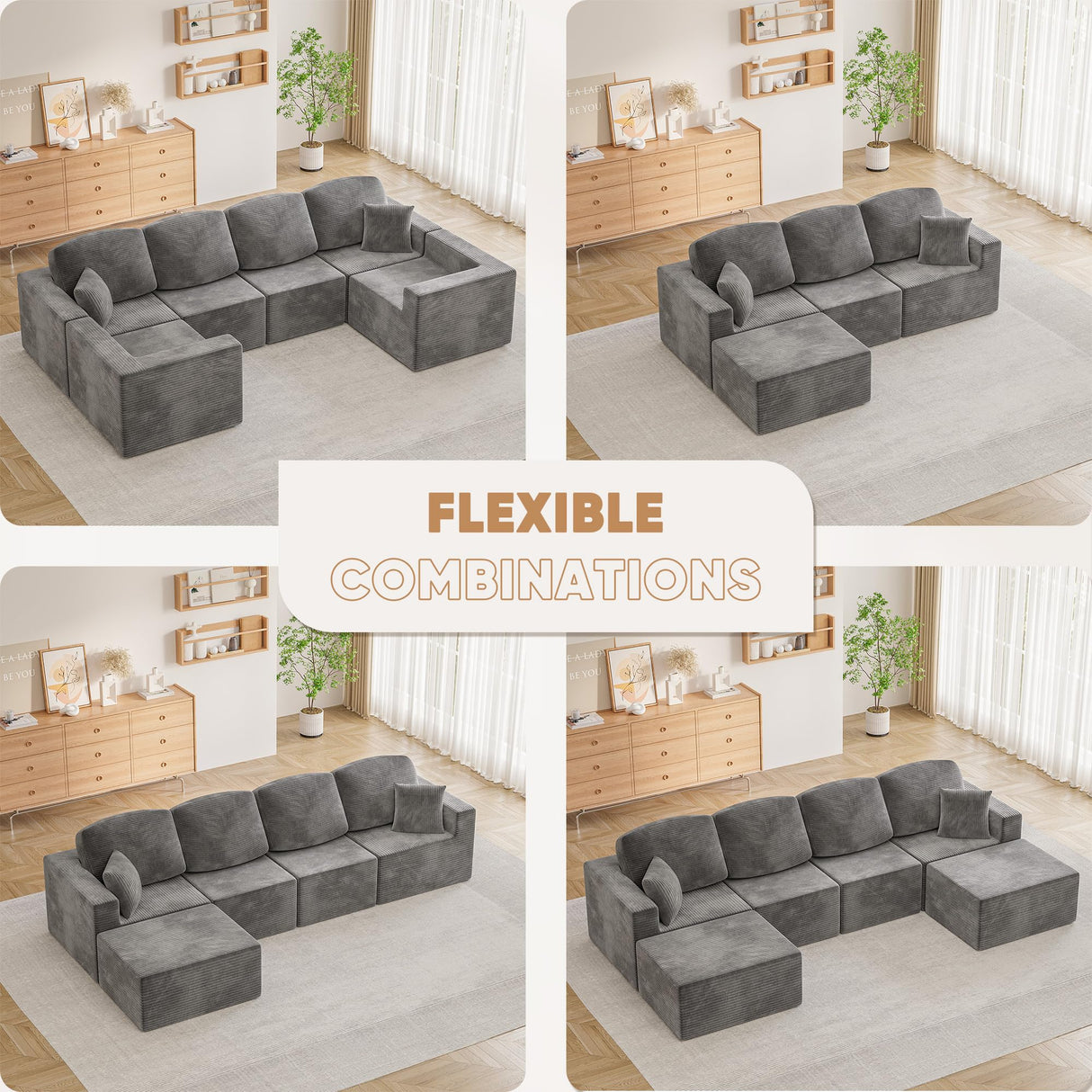 Homall 126" Sectional Couches for Living Room, Modern Fabric Boneless Couch with Deep Seat, Upholstered Cloud Sofa with 2 Ottoman, No Assembly Required (Grey, U Shaped Sofa) Homall