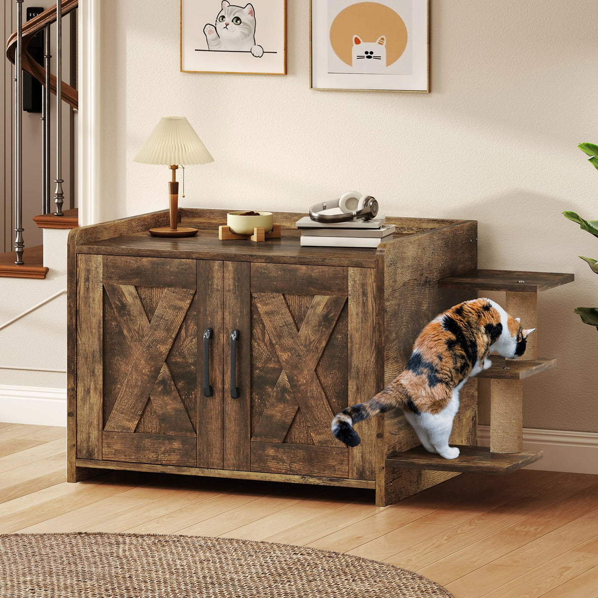 YITAHOME 27" Cat Litter Box Enclosure, Modern Cat Litter Box Furniture Hidden with Scratching Post&cusion, Wooden Cat House as Side End Table Nightstand, Fit Most of Litter Box, Brown YITAHOME